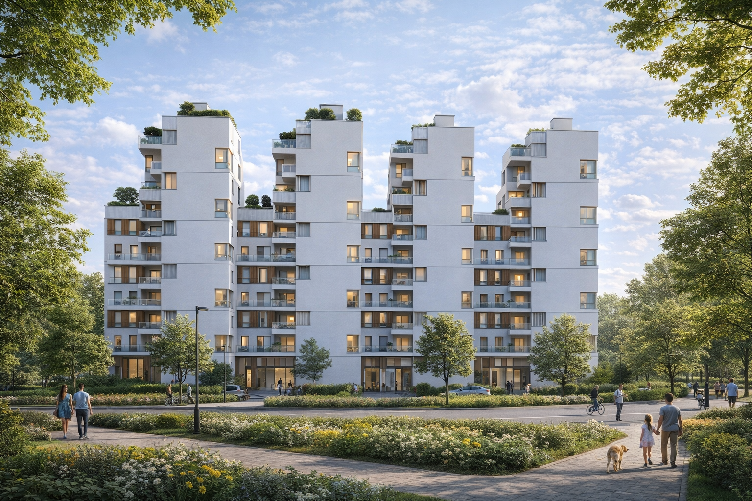 Эскизное предложение микрорайона переменной этажности, визуализация