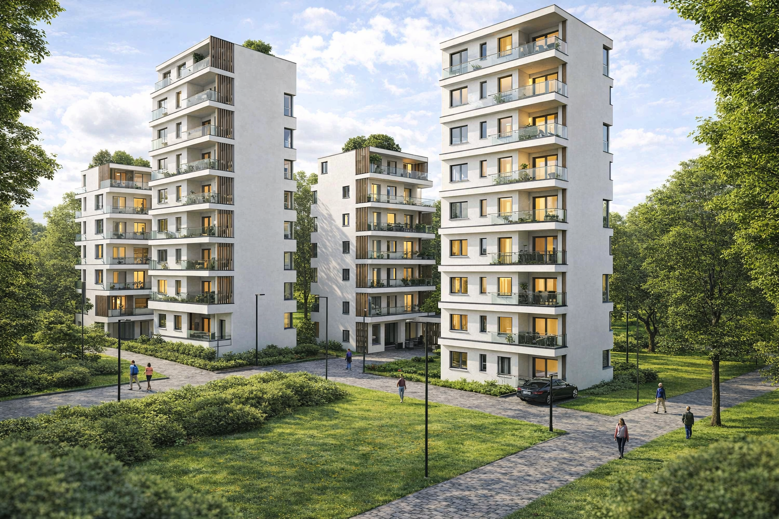 Эскизное предложение микрорайона переменной этажности, визуализация